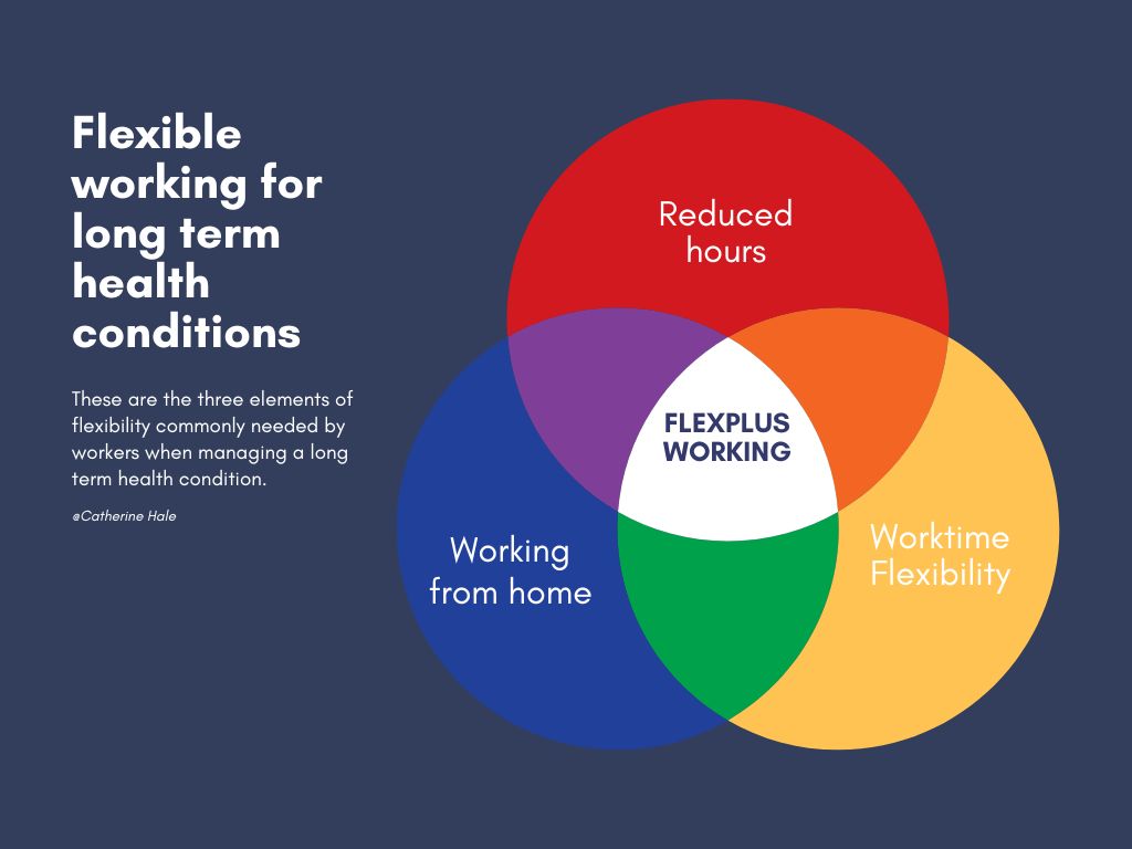 Ven Diagram of FlexPlus working. The three circles are labelled 'reduced hours', 'worktime flexibility' and 'working from home', with 'FlexPlusg working' labelled at the intersection in the middle.